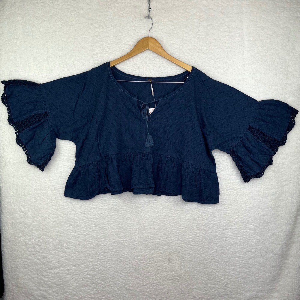 Free People Sweet Talker Navy Blue Crochet Lace Trim Bell Sleeve Boho Crop Top L
